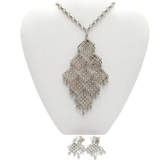 Clear Rhinestone Large Abstract Openwork Diamond Dangle Necklace Earring Set - Picture 1 of 7